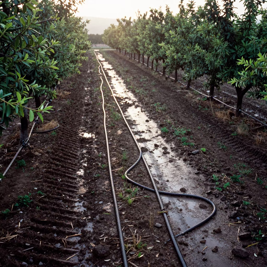 Almond Orchard Hoses Striped Across Dark Soil in beside a tractor track through dark soil in Opole