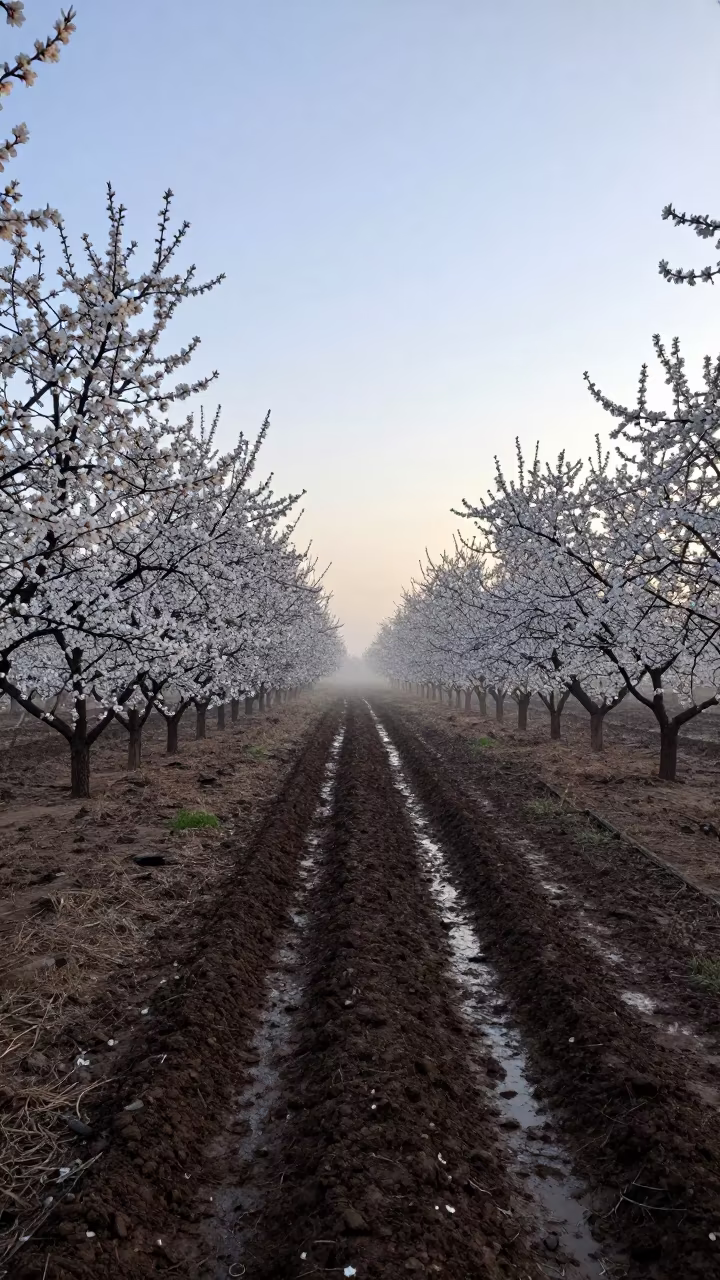 Almond Orchard in White Blossom at Dawn in beside a tractor track through dark soil in Lanzhou