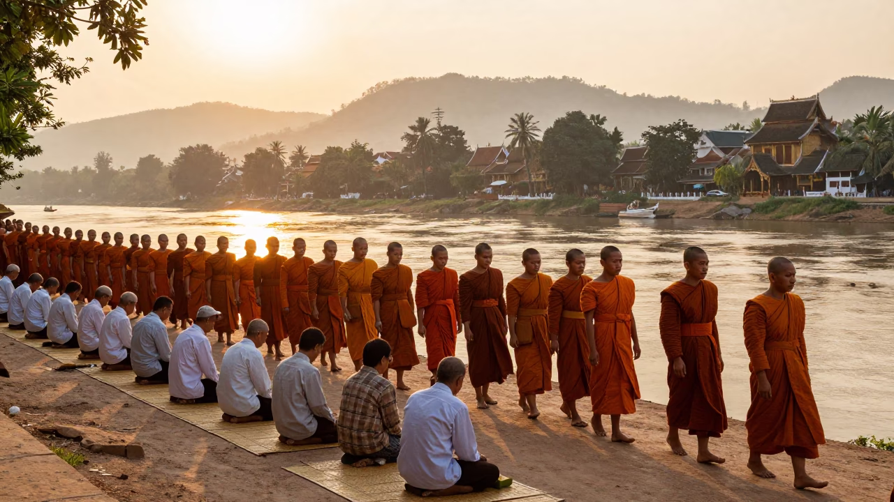 Alms Ceremony in Luang Prabang at As First Light Reaches The Scene in in Luang Prabang, Laos