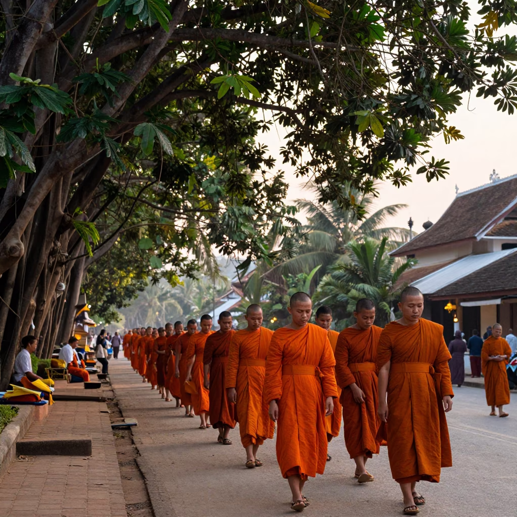 Alms Ceremony in Luang Prabang at First Light Of Dawn in in Luang Prabang, Laos