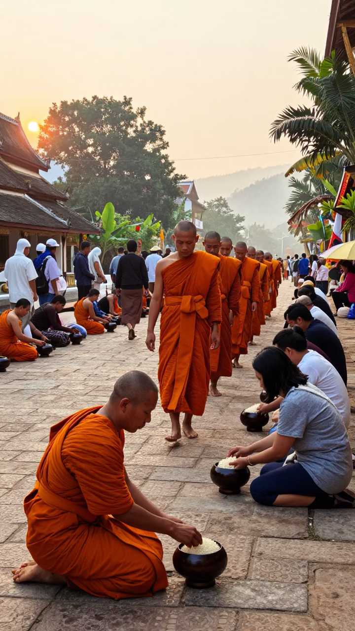 Alms Ceremony in Luang Prabang at The Early Morning Light in in Luang Prabang, Laos