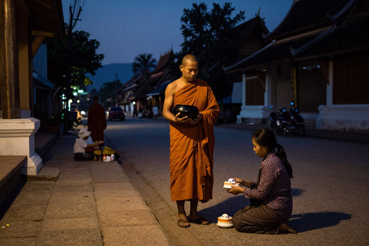 Alms Gathering in Luang Prabang at The Predawn Darkness Light in in Luang Prabang, Laos