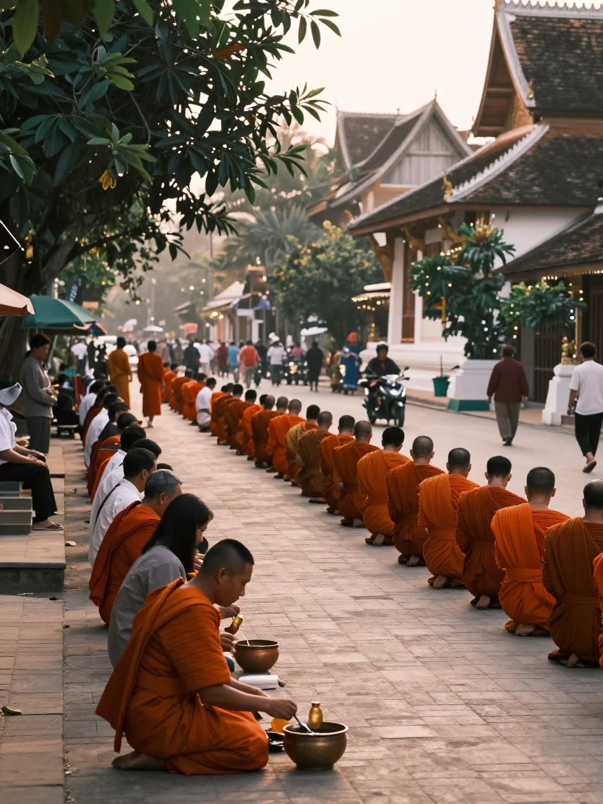 Alms Giving at As First Light Reaches The Scene in Luang Prabang in in Luang Prabang, Laos