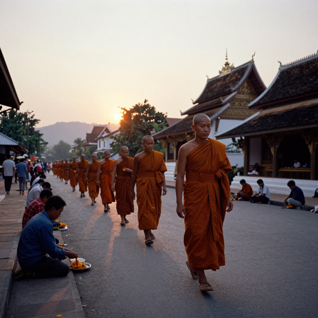 Alms Giving Ceremony at Golden Temple in Luang Prabang Laos at Sunset in in Luang Prabang, Laos