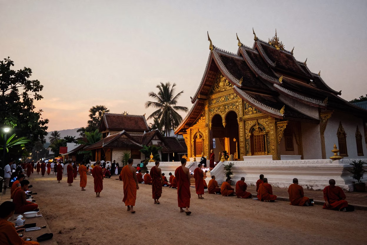 Alms Giving Ceremony in Luang Prabang Laos at Dusk with Monks and Local Devotees in in Luang Prabang, Laos