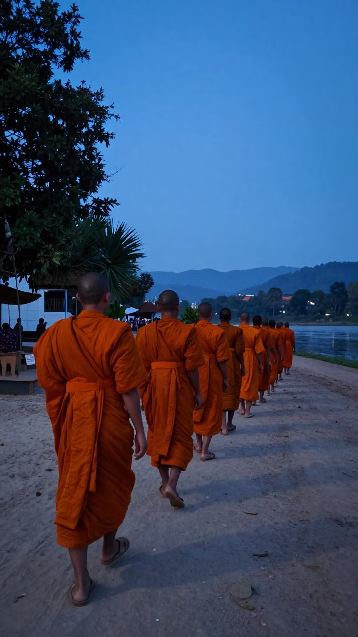 Alms Giving in Luang Prabang at Nautical Dawn Light in in Luang Prabang, Laos