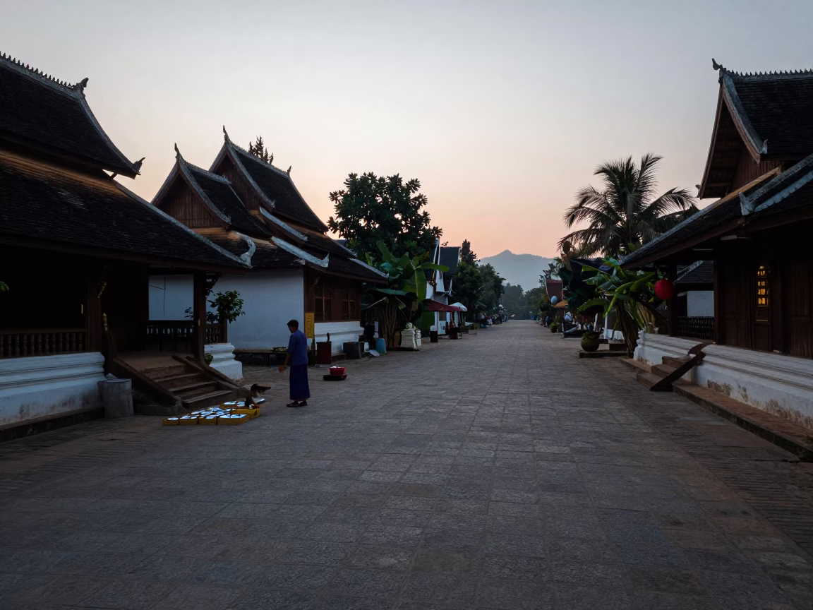 Alms Giving in Luang Prabang at Sunrise Light in in Luang Prabang, Laos