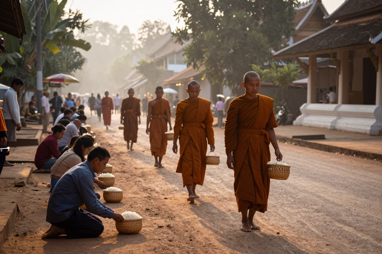 Alms Giving in Luang Prabang at The Early Morning Light in in Luang Prabang, Laos