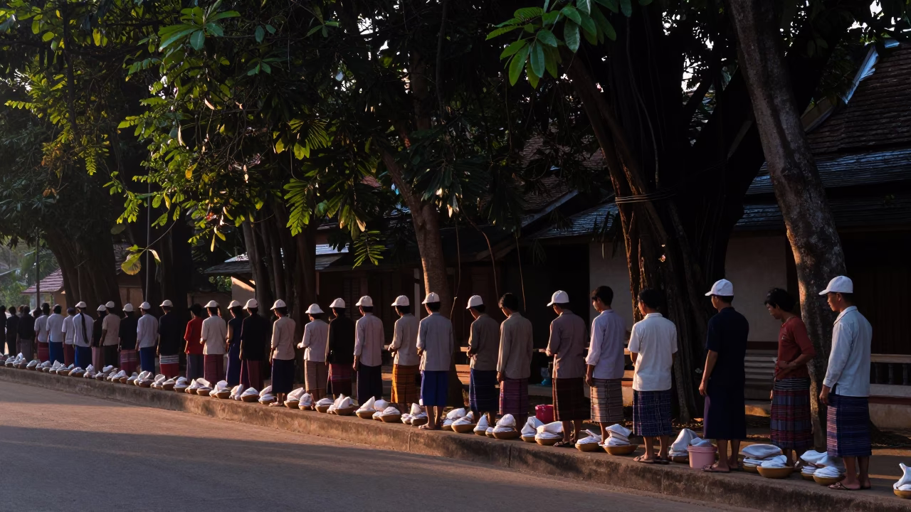 Alms Giving in Luang Prabang at The Still Hours Before Dawn Light in in Luang Prabang, Laos