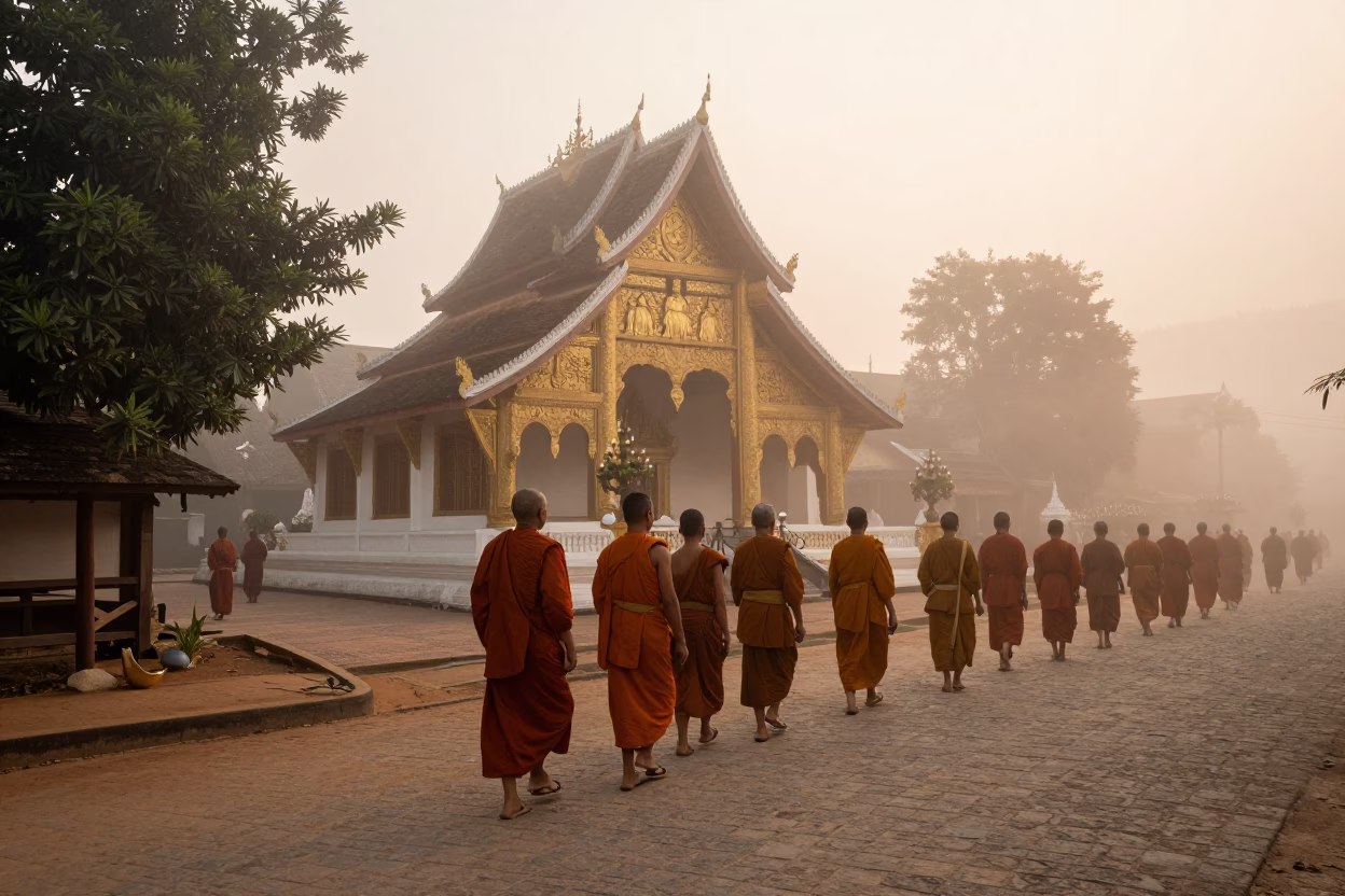 Alms Procession in Luang Prabang at Dawn Light in in Luang Prabang, Laos