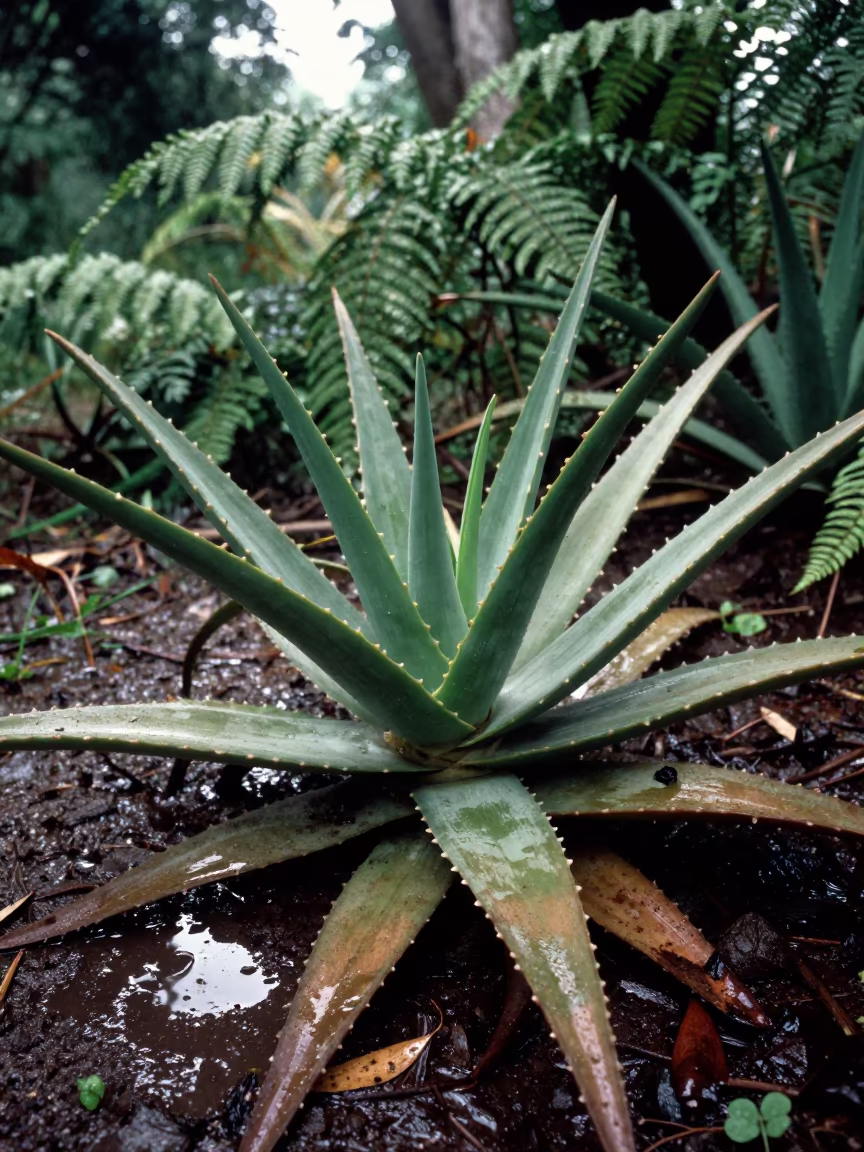 Aloe Vera Leaves on Fern Forest Floor in on a fern-lined forest floor near Naypyidaw
