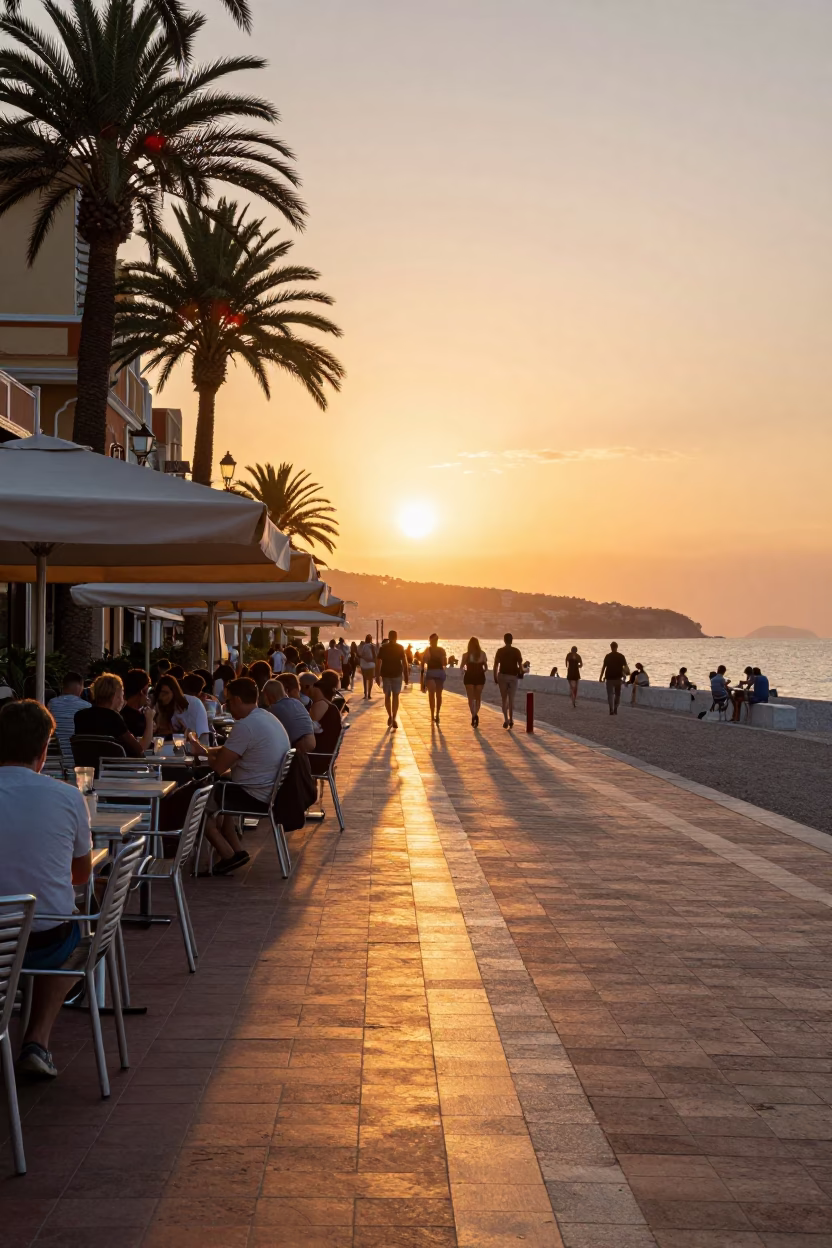Along Promenade in Nice at Sunset Light in in Nice, France