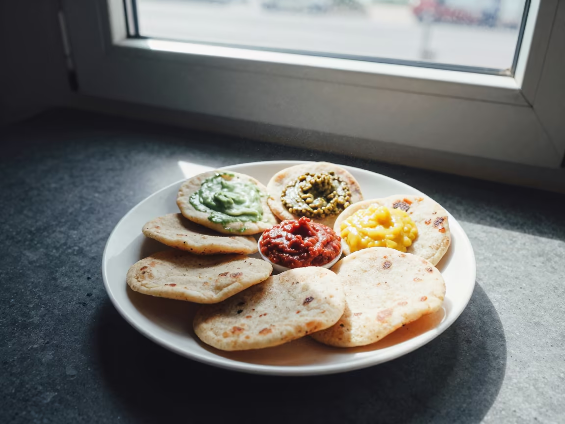 Aloo Tikki with Chutneys in Midmorning Light in on a ceramic plate by a window in Cali