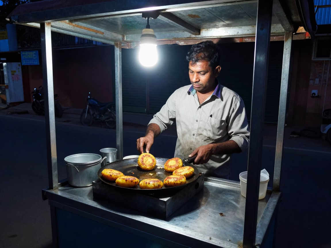 Aloo Tikki in Delhi at The Predawn Darkness Light in in Delhi, India