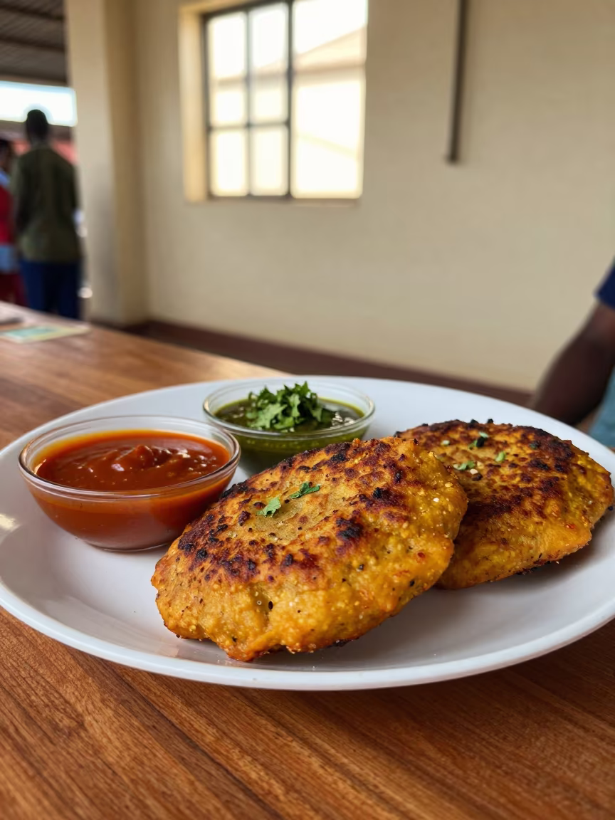 Aloo Tikki Plate with Chutneys Nakuru Market in at a market stall counter in Nakuru