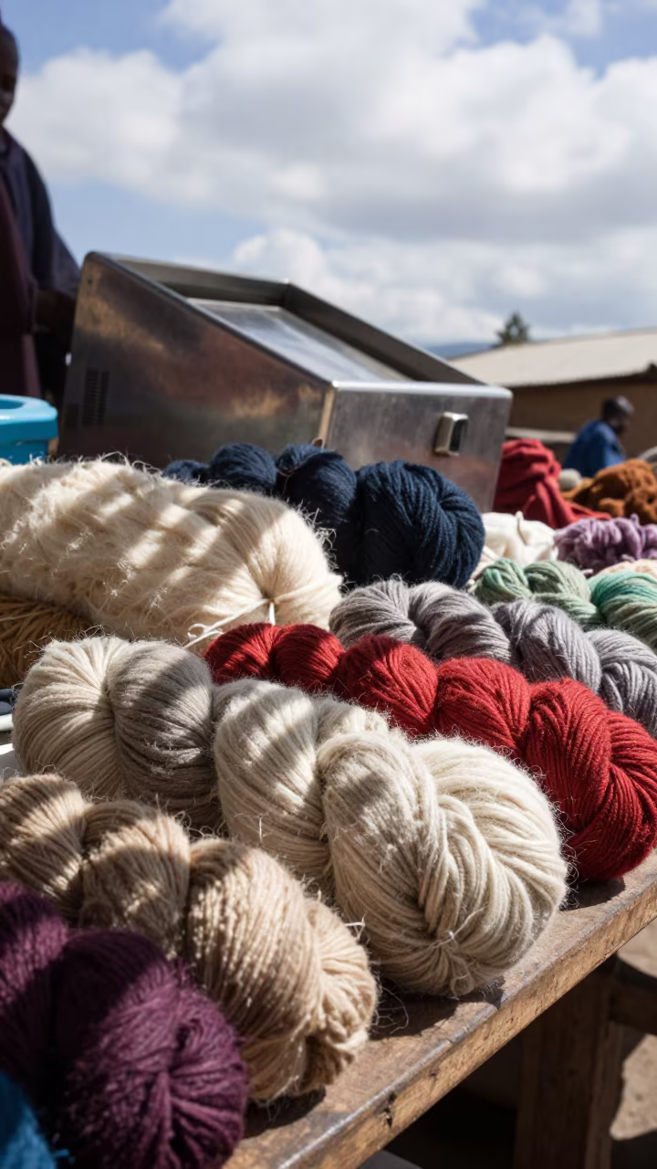 Alpaca Wool Skeins Arranged by Color in beside a fish counter in Mekele