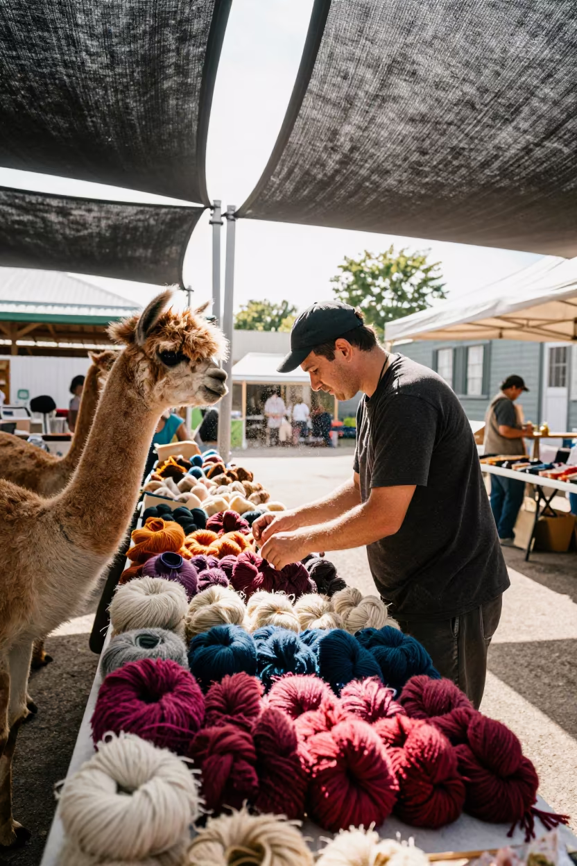 Alpaca Wool Vendor Arranging Skeins by Color in at a spice vendor's table in Rochester