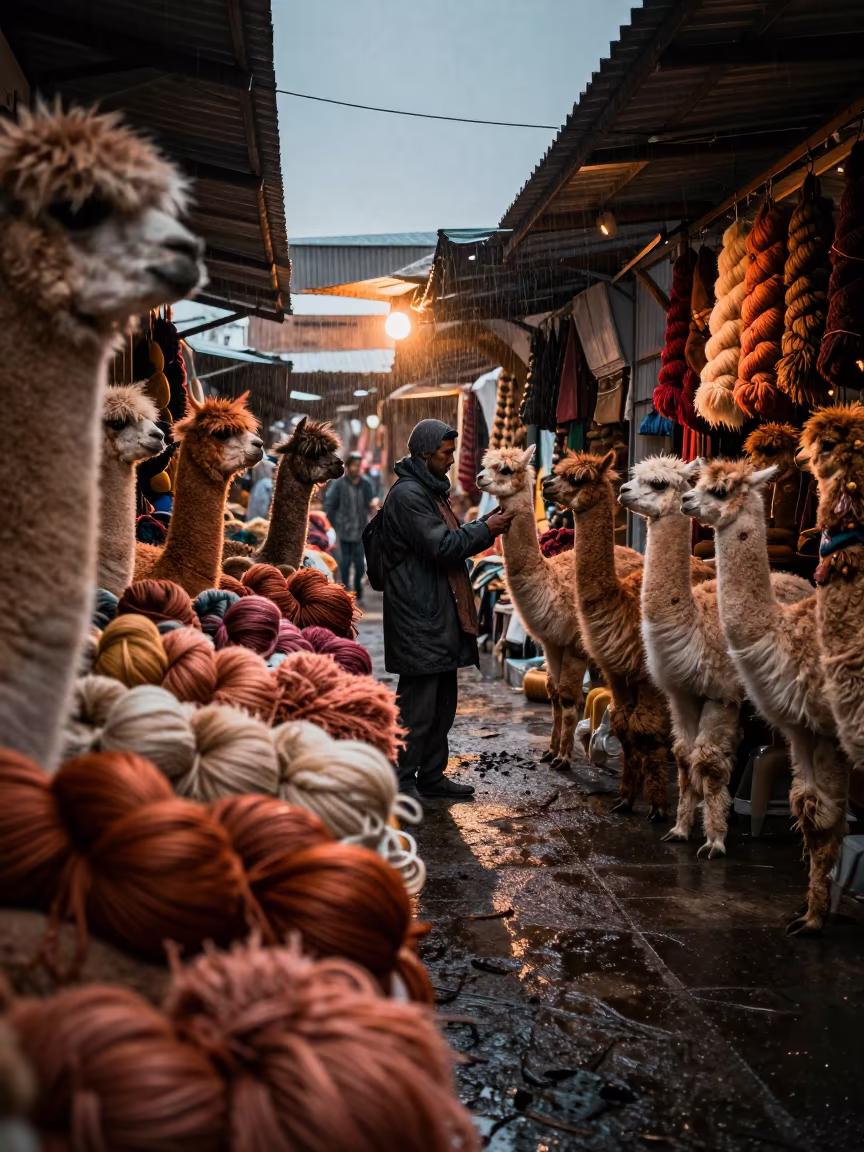Alpaca Wool Vendor Arranging Skeins by Color in in a covered bazaar aisle in Mandsaur