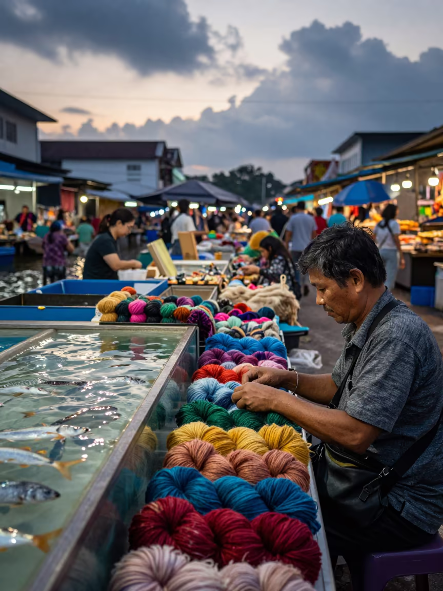 Alpaca Wool Vendor at Ipoh Fish Market in beside a fish counter in Ipoh