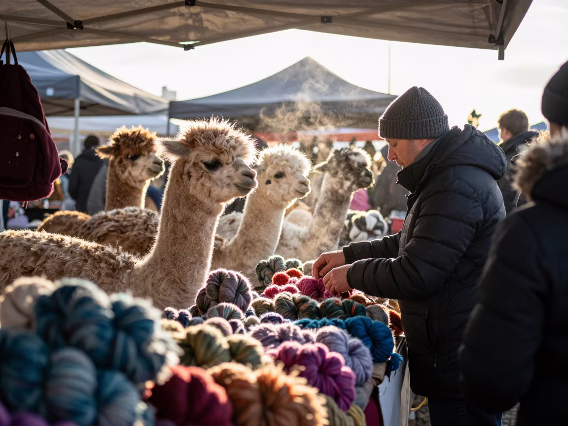 Alpaca Wool Vendor at Southend Market Dawn in at a market stall in Southend-on-Sea