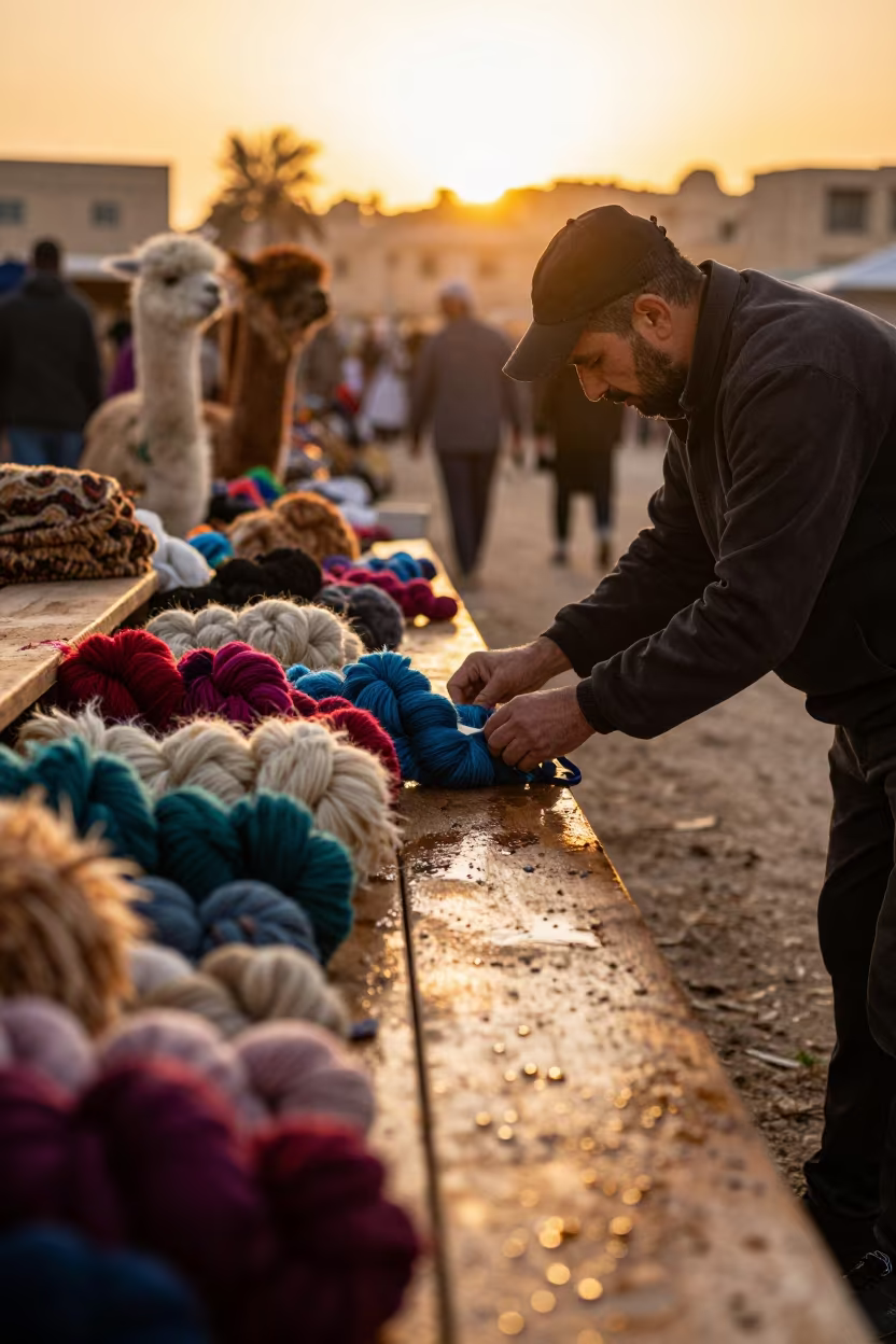 Alpaca Wool Vendor Sunset Amman Market in at a flower auction bench in Amman