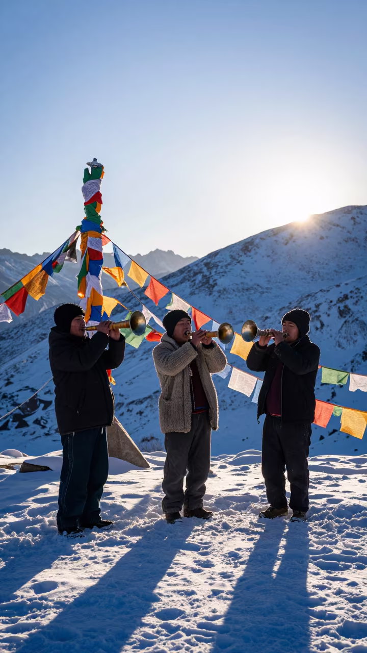 Alphorn Trio at Dawn on Winter Mountain Pass in along a high mountain pass beneath prayer flags near Leh