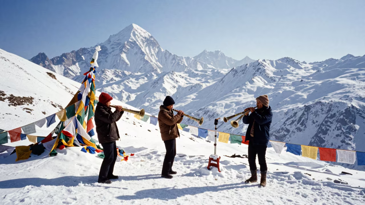 Alphorn Trio at High Mountain Pass Winter in along a high mountain pass beneath prayer flags near Kathmandu