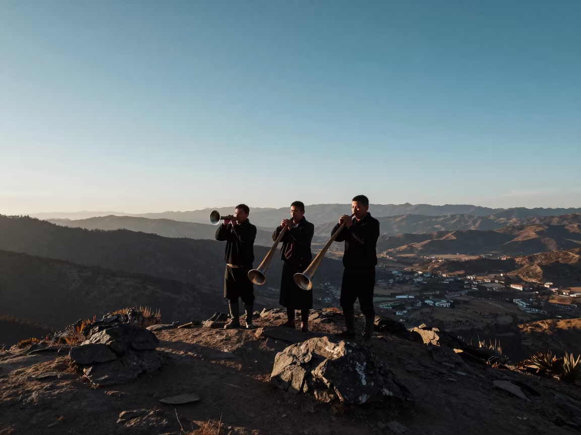 Alphorn Trio at Mountain Pass Thimphu in at a rocky saddle overlooking a mountain valley near Thimphu