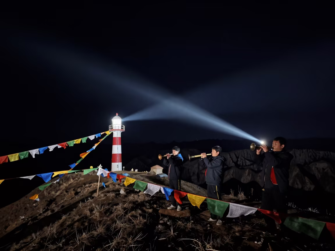 Alphorn Trio Under Night Lights on Lhasa Ridge in on a wind-cut ridge below prayer flag lines near Lhasa