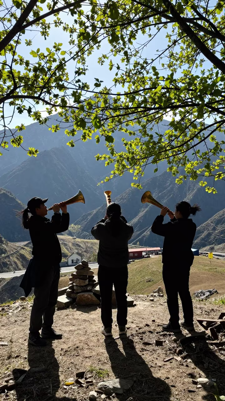 Alphorn Trio Silhouetted Against Mountain Pass Light in beside a summit cairn above the tree line near Lhasa