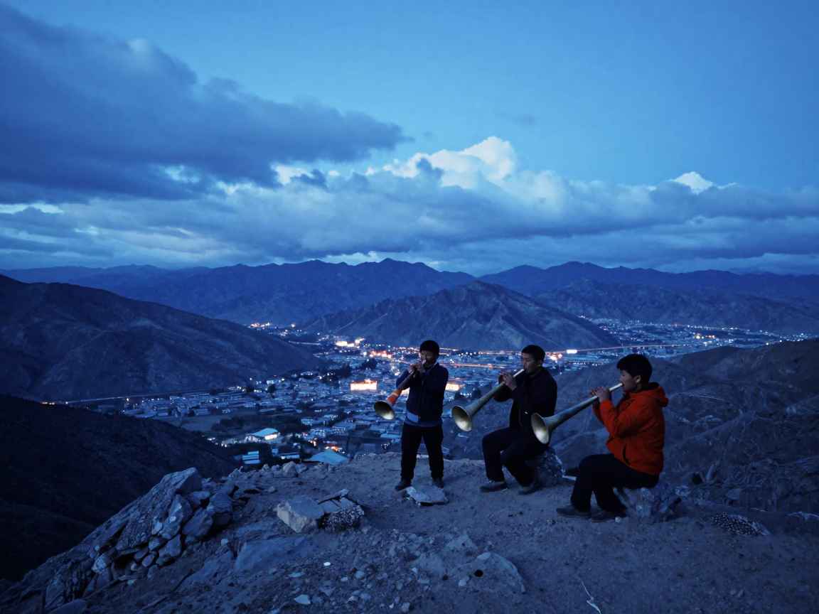 Alphorn Trio Playing on Tibetan Mountain Pass at Twilight in at a rocky saddle overlooking a mountain valley near Lhasa