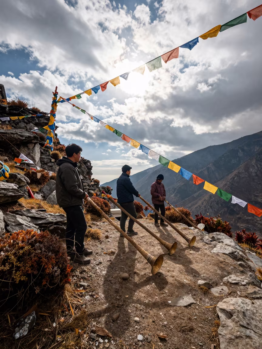 Alphorn Trio Sounding Valley Pass Thimphu in along a high mountain pass beneath prayer flags near Thimphu
