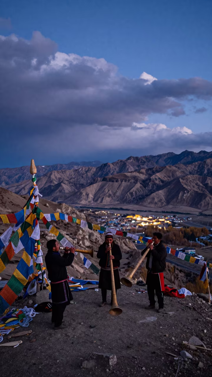 Alphorn Trio on Wind-Cut Ridge at Indigo Twilight in on a wind-cut ridge below prayer flag lines near Leh