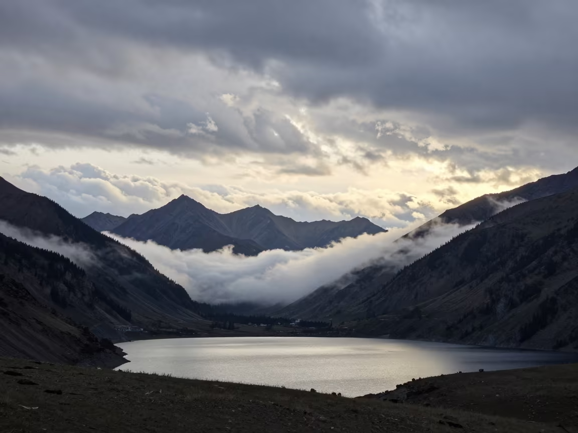 Alpine Basin Cloud Inversion Overcast Evening in near Almaty