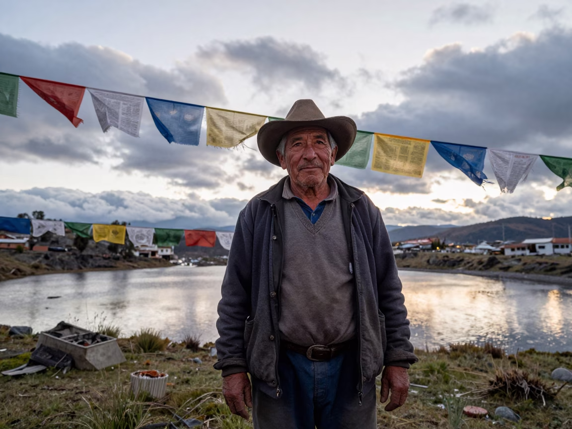 Alpine Dairy Farmer Face with Prayer Flags in beneath a line of prayer flags near San Marcos, Quito