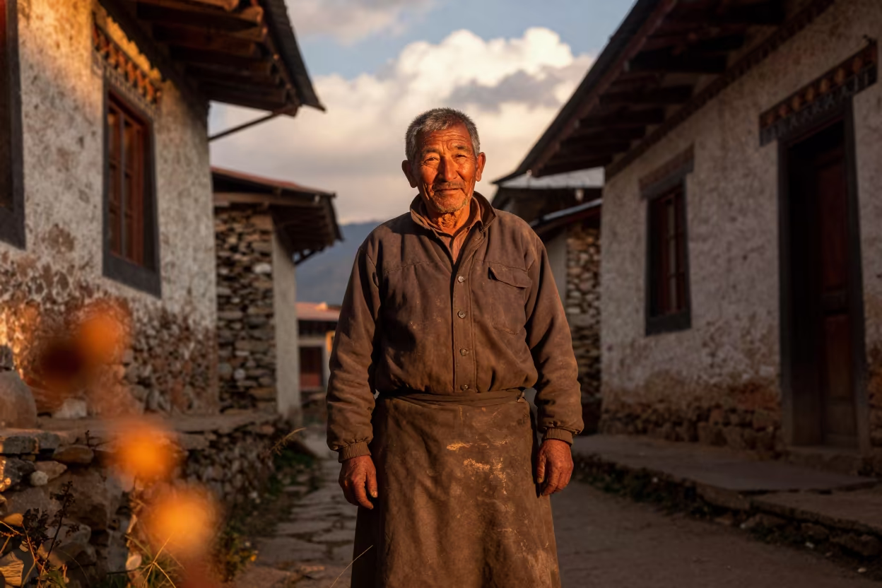 Alpine Dairy Farmer in Thimphu Alley in in a narrow stone alley near Thimphu