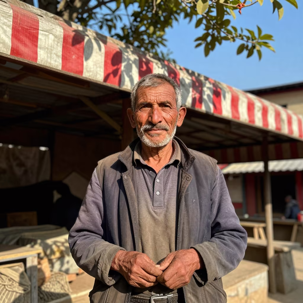 Alpine Farmer Face Under Striped Awning in under a striped market awning near Kathmandu