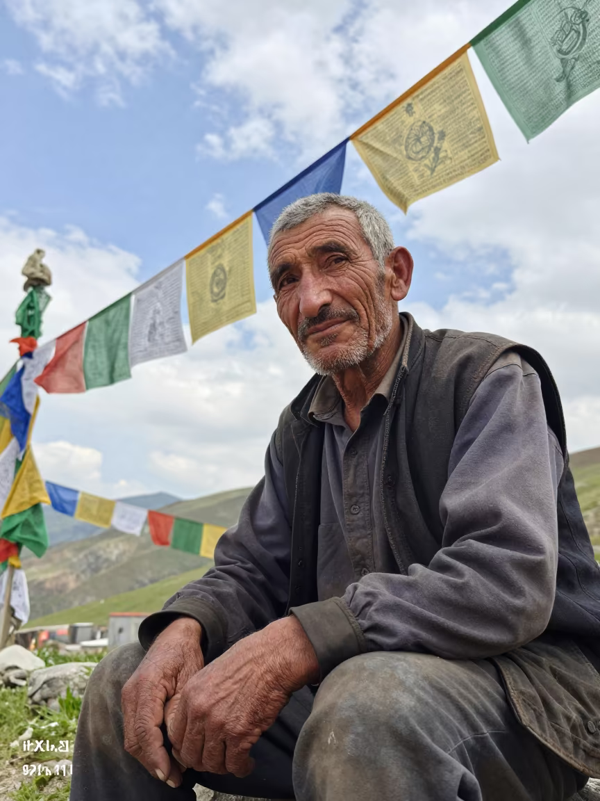 Alpine Farmer Face Near Tbilisi Prayer Flags in beneath a line of prayer flags near Tbilisi