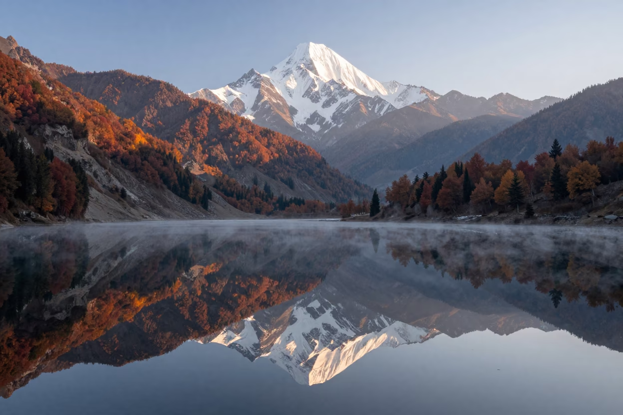 Alpine Lake Dawn Reflection Near Almaty in from a ridge above layered foothills near Almaty