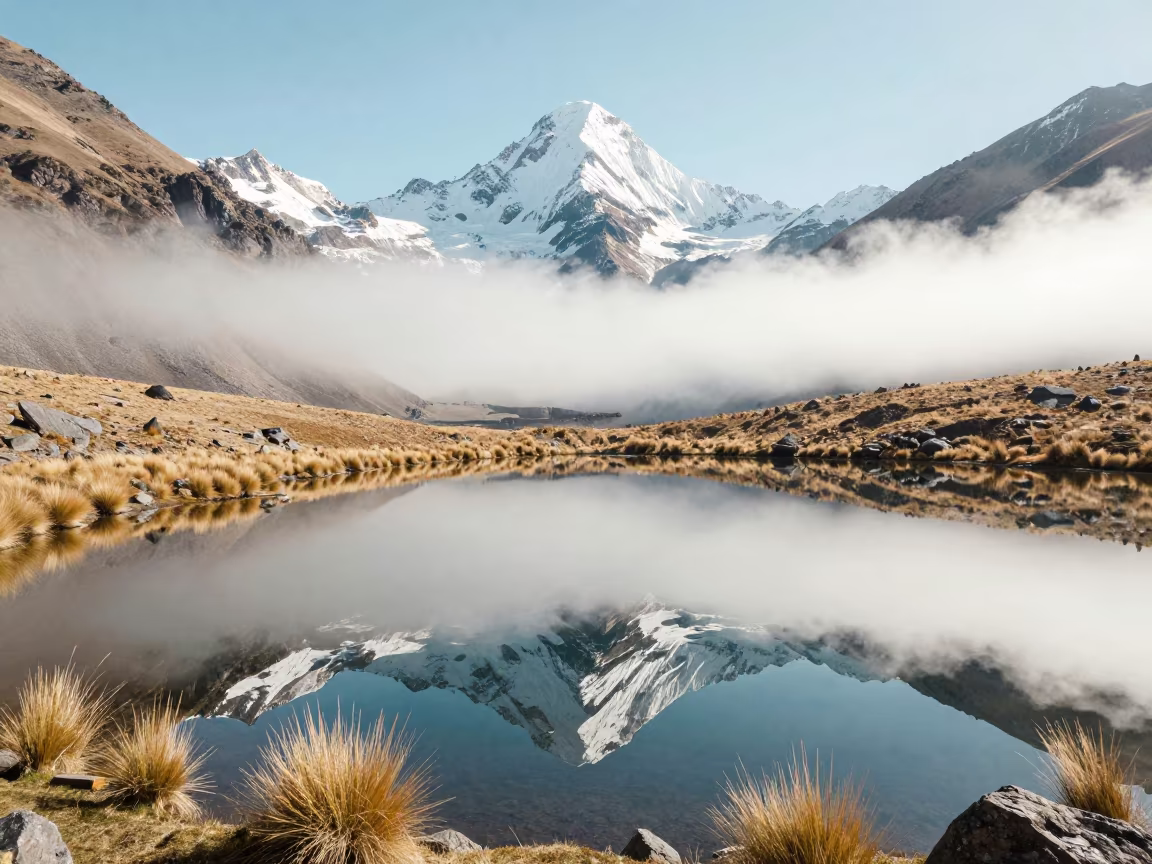 Alpine Lake Mirror Reflecting Snowy Peak Quito in across a wide valley floor near Quito