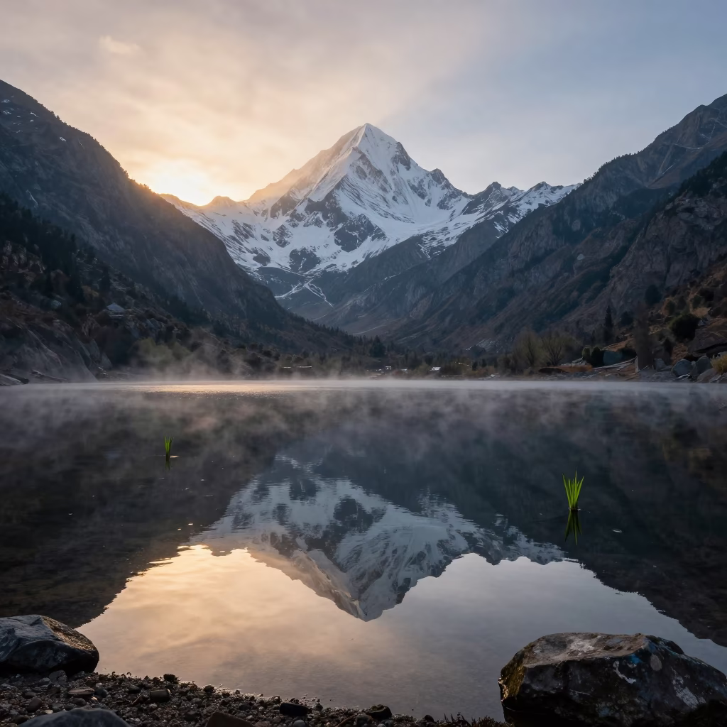 Alpine Lake Reflecting Peak Near La Paz in across a wide valley floor near Sopocachi, La Paz