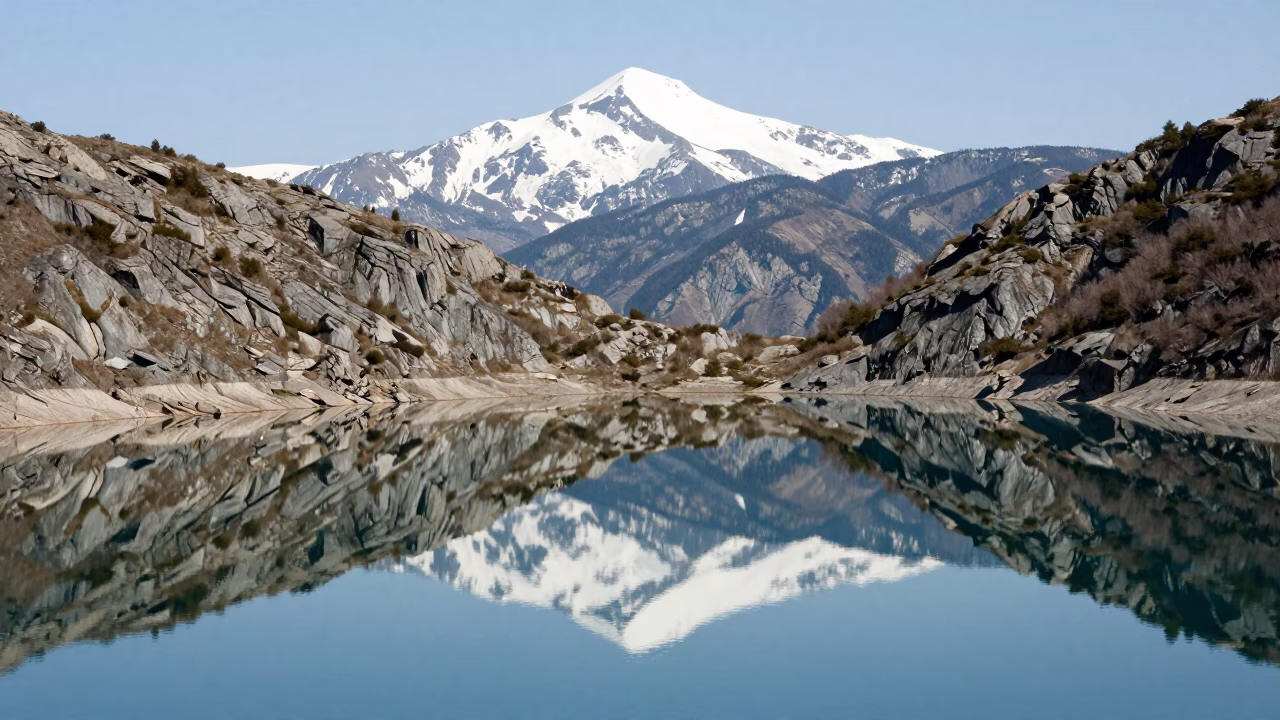 Alpine Lake Reflecting Snowy Peak Noon Light in from a ridge above layered foothills in British Columbia