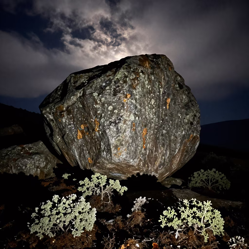 Alpine Lichen Garden Boulder Night Shadow in near Thimphu