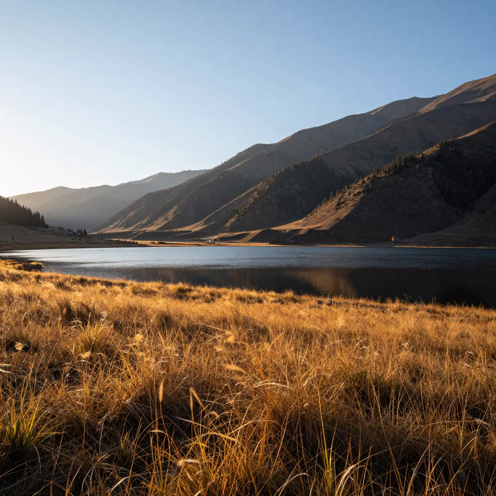 Alpine Meadow and Black Lake Morning Near Almaty in near Almaty