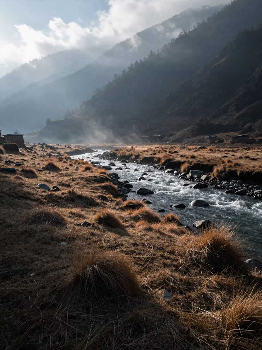 Alpine Meadow River Mist Winter Morning Uttarakhand in in Uttarakhand