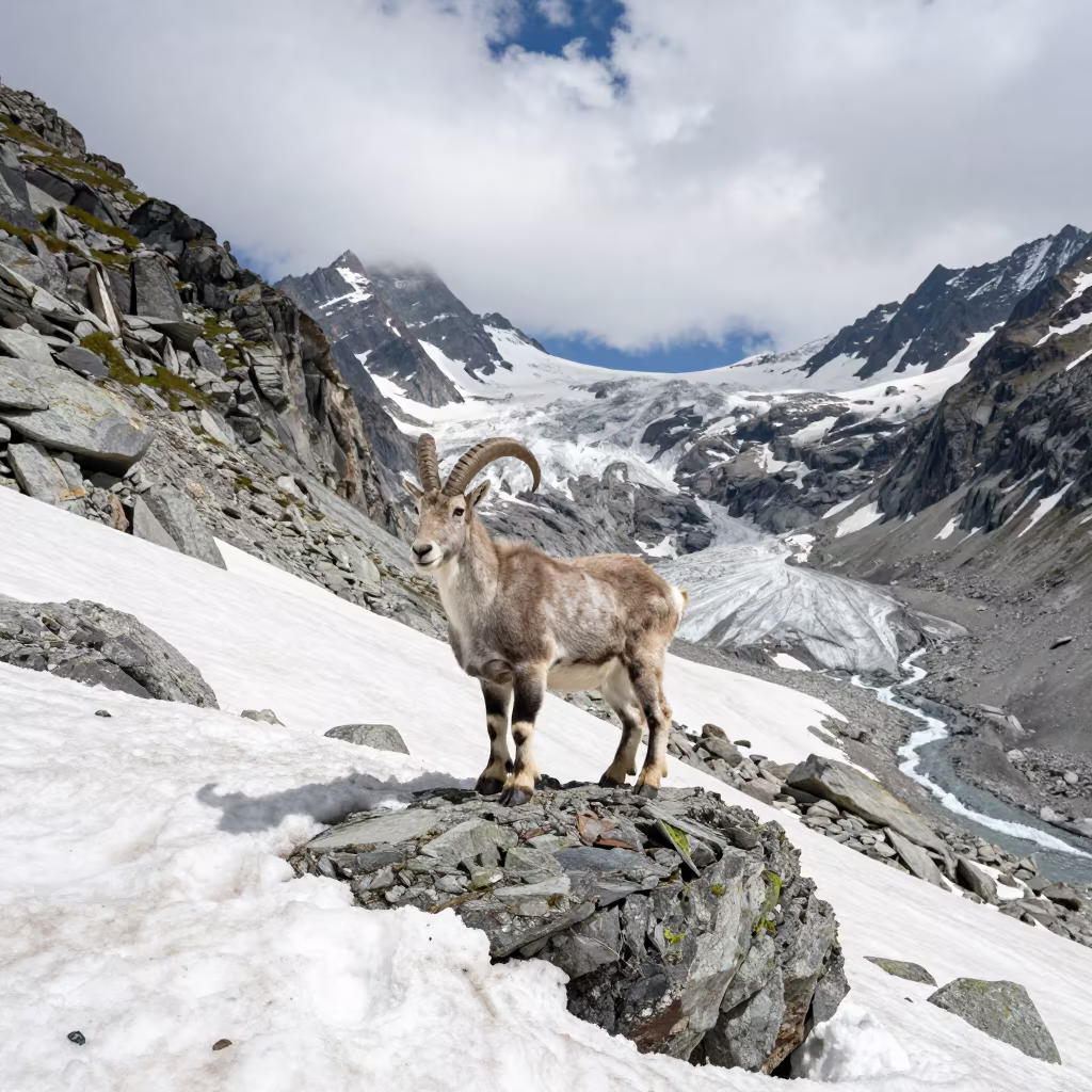 Alpine Mountain Goat on Snowy Precipice Near Zermatt in above a glacial stream near Zermatt