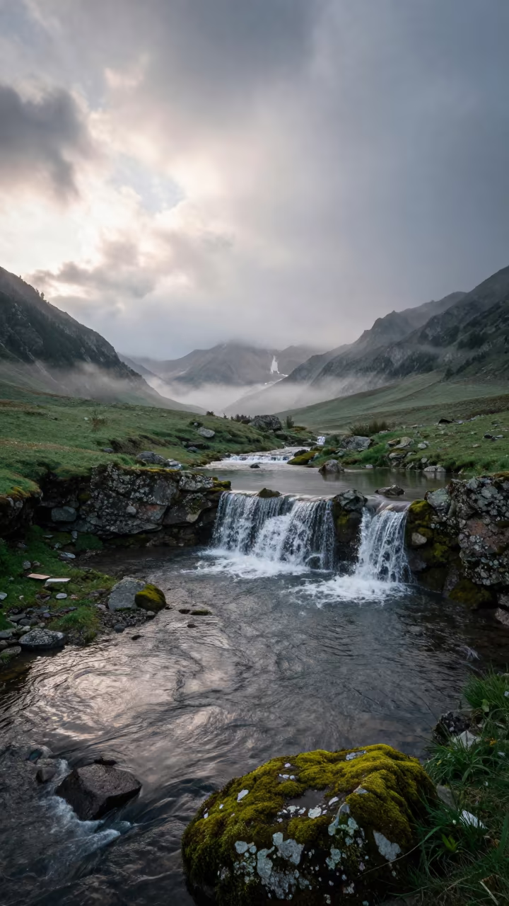Alpine Tarns Cascade Across Georgia Valley Morning Mist in across a wide valley floor in Georgia