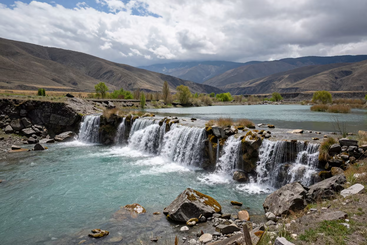 Alpine Tarns Cascading Near Tbilisi Ridge in from a ridge above layered foothills near Tbilisi