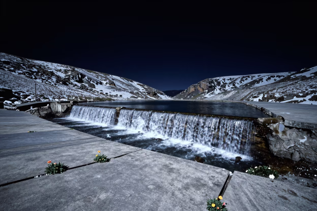 Alpine Tarns and Concrete Flowers at Night in across a floodplain after rain near Quito
