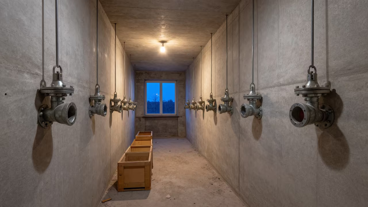 Alsace Mechanical Room Valve Stubs Evening Light in inside an unfinished corridor in Alsace